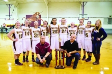 McLeod placed second at the Lady Longhorns’ Basketball Tournament which wrapped up this past weekend. In each of the three tourneys thay have competed in the Lady ’Horns have finished in the top three. The team is from left: Courtney Hanson, Jessica  Keener, Selena Moon, Anna Parker, Kyndal Shepard, Erin Weaver, Shelby Davis, Emma Parker, Skyla Courtney and Lexy Morgan. Kneeling is Head Coach Marty Francis, left, and Coach Sean Glenn.